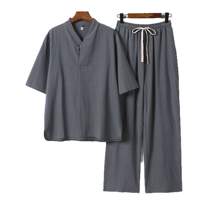 Herren Zweiteiliges Leichtes Loungewear-Set mit Stehkragen-Halbarmshirt und Kordelbund-Hose Echoarchiv
