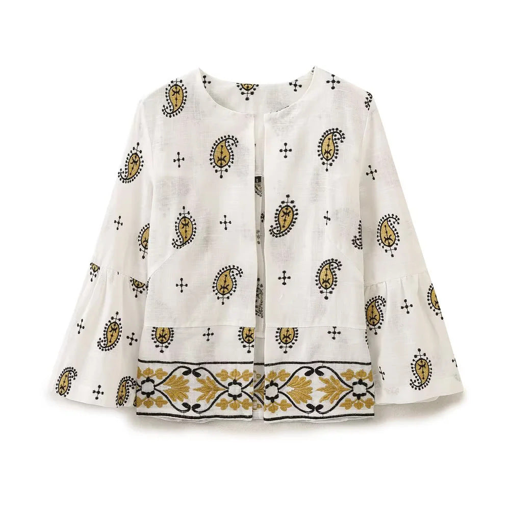 Damen weiter Leinenhose mit hohem Bund, Bordürstickerei und folklorem Paisley-Print – Avélisse