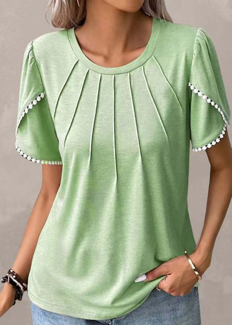 Damen nan Rundhals-Shirt mit dekorativer Kellerfalten-Front, Flatterärmeln und Pompon-Borte Echo Archiv