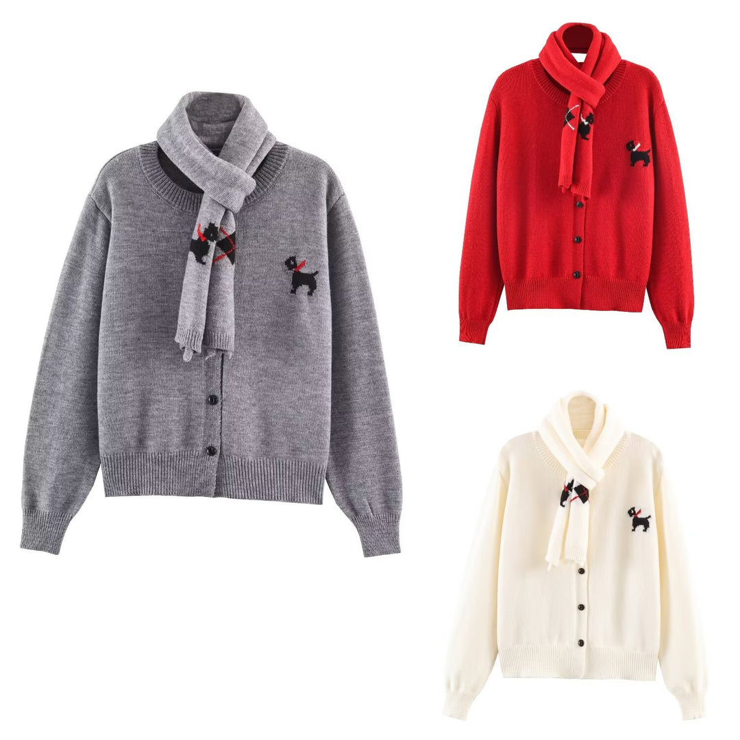 Damen Gestrickte Kurzjacke mit integriertem Schal und Hundeintarsie Echoarchiv