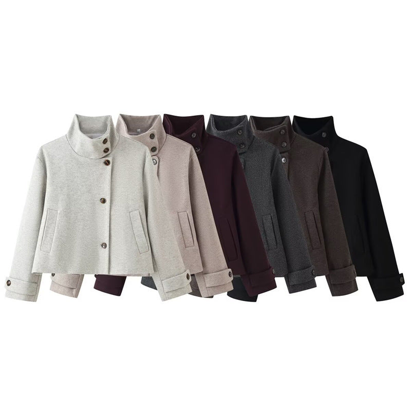 Damen kurze Boxy-Wolljacke mit Stehkragen und Manschetten Echo Archiv