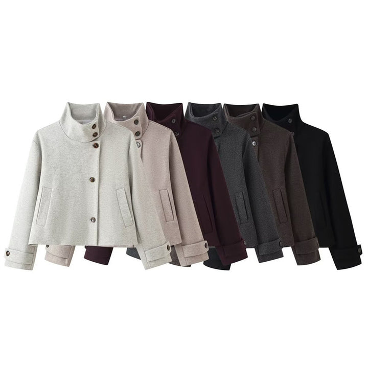 Damen kurze Boxy-Wolljacke mit Stehkragen und Manschetten Echo Archiv