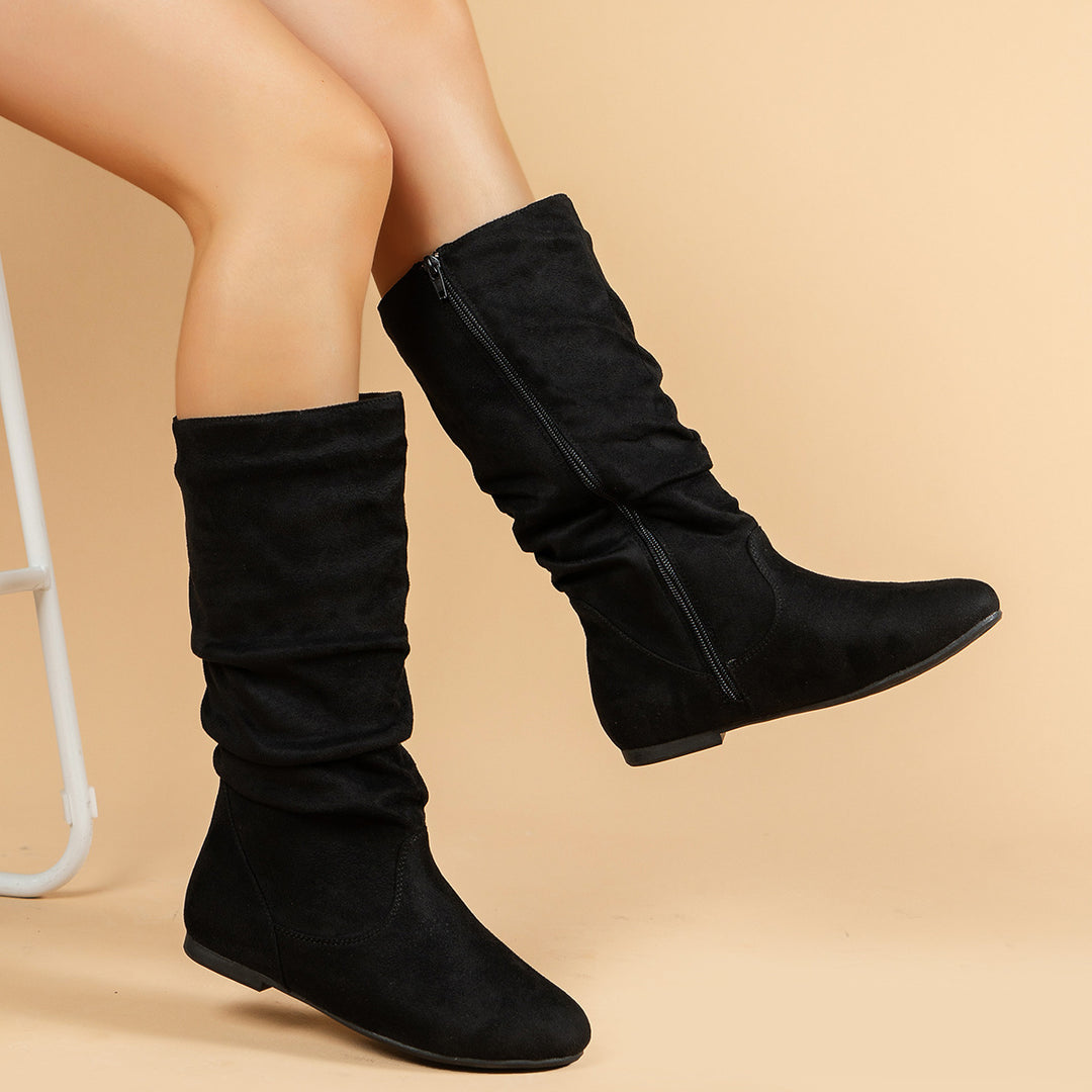 Damen Slouch-Stiefel mit flachem Absatz, seitlichem Reißverschluss und weichem Velours – Lioré