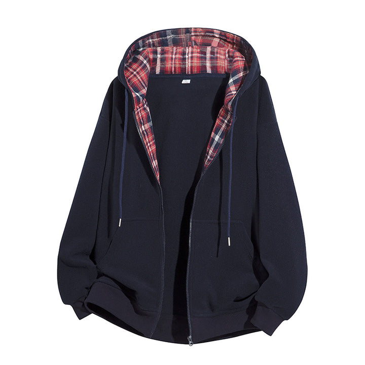 Herren Oversize-Kapuzenjacke mit kariert gefütterter Innenseite, Reißverschluss und Kängurutaschen Echo Archiv