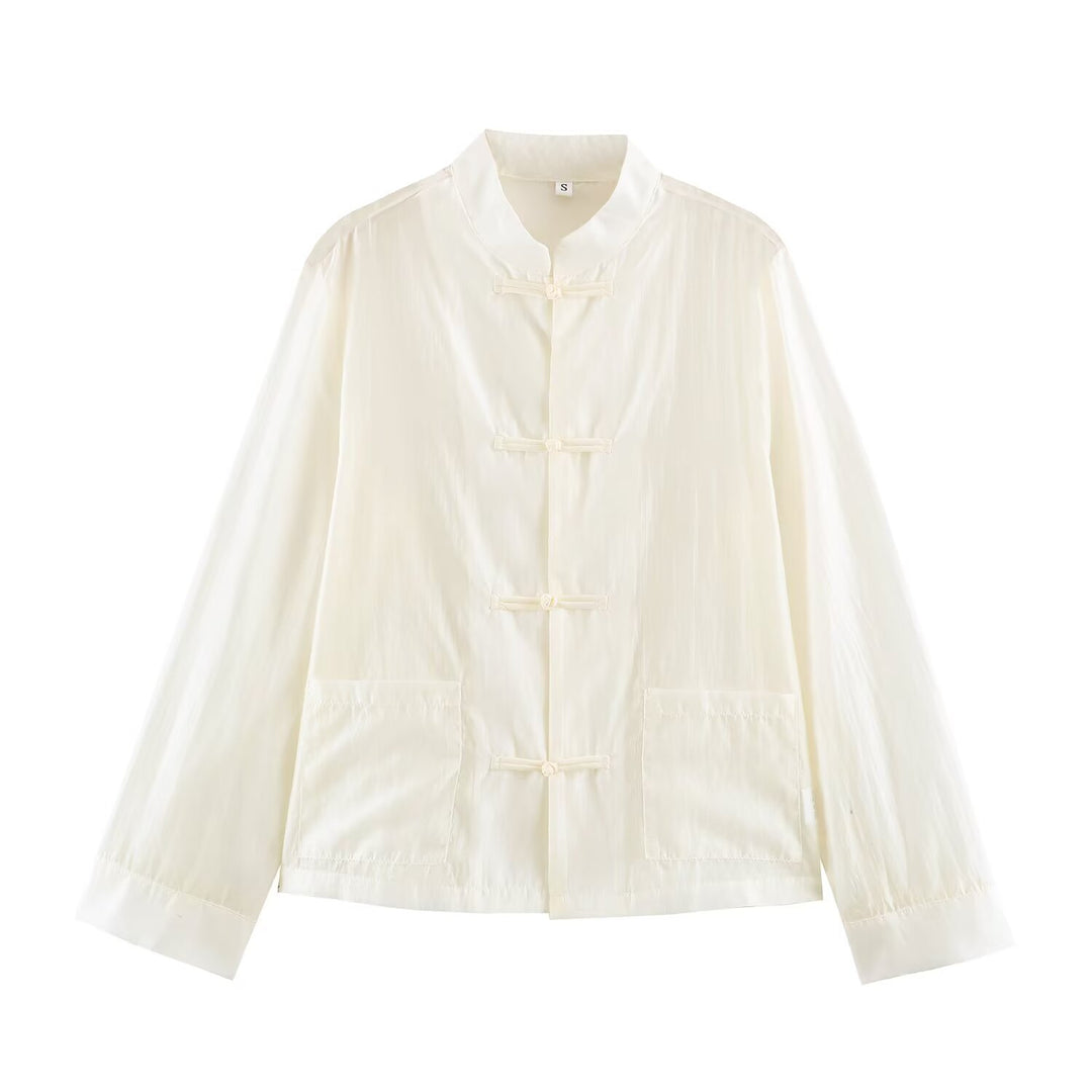 Damen Leichte chinesisch-inspirierte Oversize-Jacke mit Mandarinkragen und Knotenverschlüssen Echo Archiv