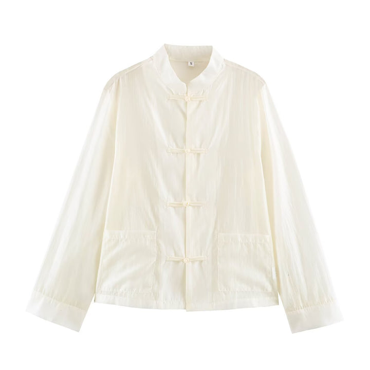 Damen Leichte chinesisch-inspirierte Oversize-Jacke mit Mandarinkragen und Knotenverschlüssen Echo Archiv