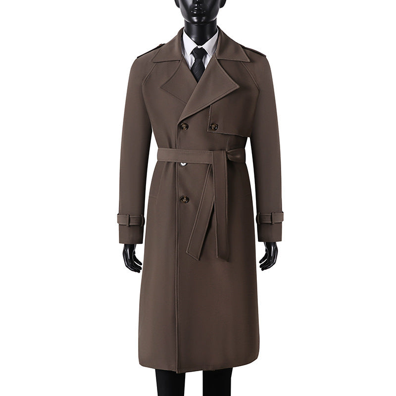 Herren Langer Minimalistischer Trenchcoat mit Sturmklappe Taillengürtel und verstellbaren Manschetten Echoarchiv