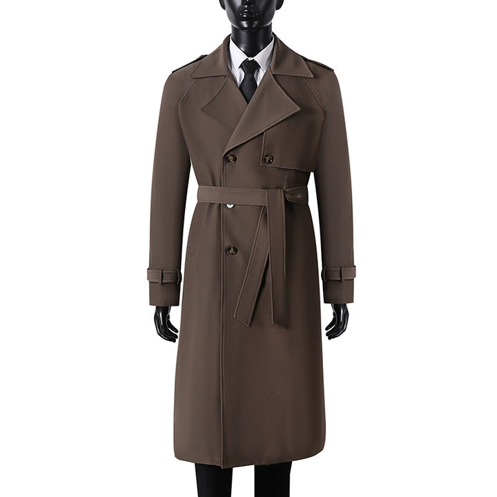 Herren Langer Minimalistischer Trenchcoat mit Sturmklappe Taillengürtel und verstellbaren Manschetten Echoarchiv