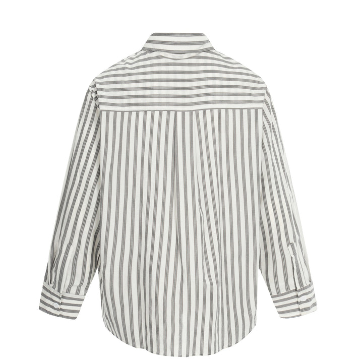Damen Oversize-Hemd mit Längsstreifen, Krawatten-Print und Vintage-Schriftzug Echoarchiv