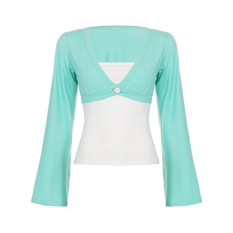 Damen nan Bolero-Overlay-Top mit tiefem V-Ausschnitt, ausgestellten Trompetenärmeln und integrierter Camisole Echo Archiv