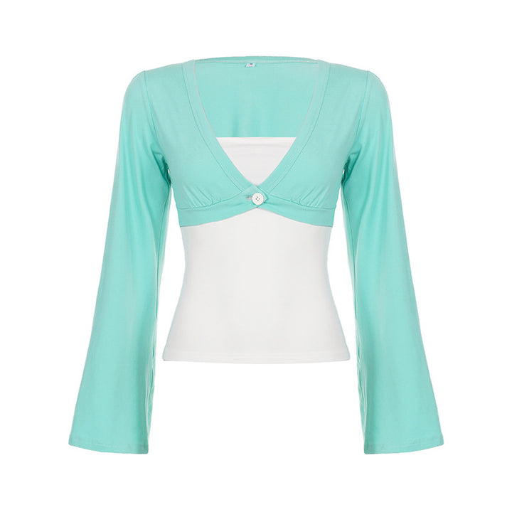 Damen nan Bolero-Overlay-Top mit tiefem V-Ausschnitt, ausgestellten Trompetenärmeln und integrierter Camisole Echo Archiv