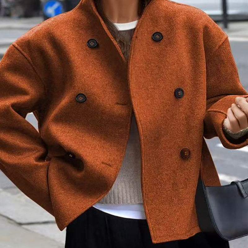 Damen Kurz geschnittener Oversize-Wollmantel mit doppelreihiger Knopfleiste und Stehkragen – Montévia