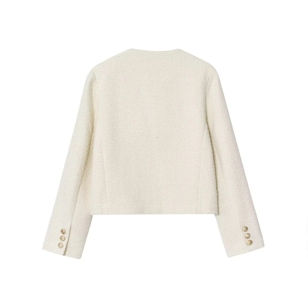 Damen kastige Bouclé-Jacke mit Rundhalsausschnitt goldenen Zierknöpfen und aufgesetzten Brusttaschen – Célinea