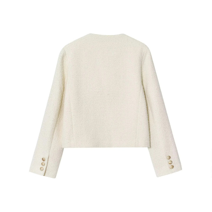Damen kastige Bouclé-Jacke mit Rundhalsausschnitt goldenen Zierknöpfen und aufgesetzten Brusttaschen – Célinea