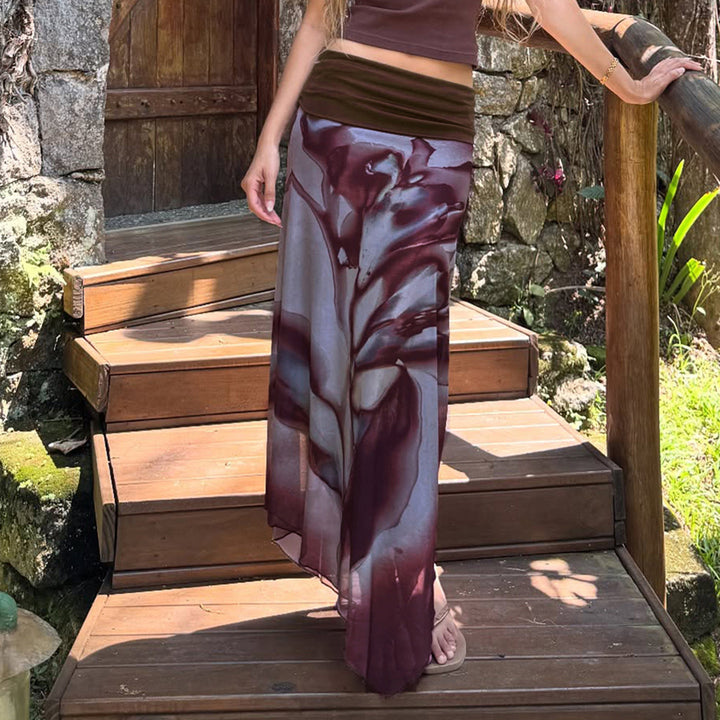 Damen Asymmetrischer Lagen-Chiffon-Maxirock mit Umschlagbund und Aquarellprint – Valéora
