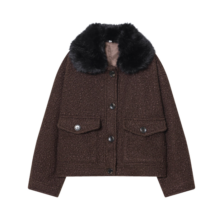 Damen cropped Bouclé‑Jacke mit abnehmbarem Kunstfellkragen, kastiger Silhouette und Pattentaschen – Célinea