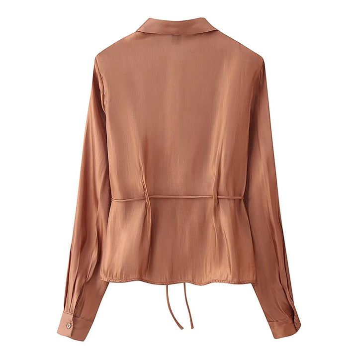 Damen seidiges Zweiteiler-Set mit Hemdbluse, Taillenband und weitem Palazzo-Hose – Élanora