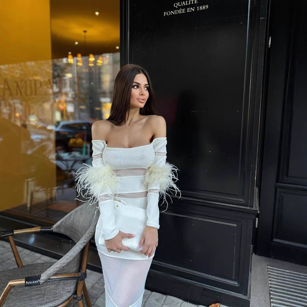 Damen Elegantes Kleid mit transparenten Einsätzen und federverzierten Ärmeln Echo Archiv