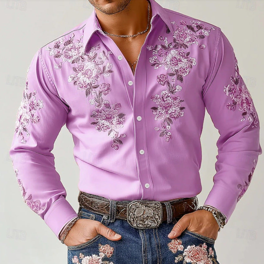 Herren besticktes Hemd mit floralen Motiven Echoarchiv