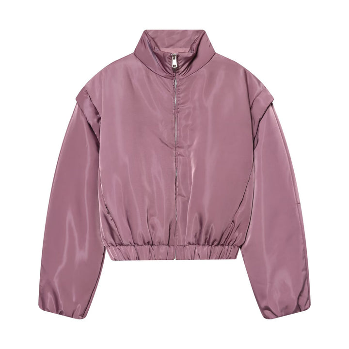 Damen Glänzende Cropped Bomberjacke mit Stehkragen und elastischem Bund Echo Archiv