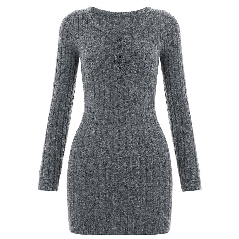 Damen nan figurbetontes Ripp-Strickkleid mit Henley-Knopfleiste und langem Arm Echo Archiv