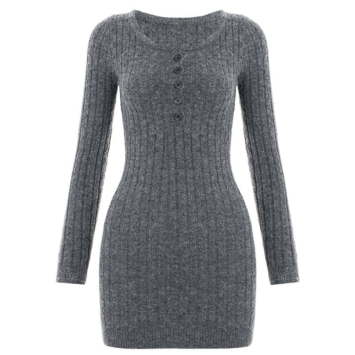Damen nan figurbetontes Ripp-Strickkleid mit Henley-Knopfleiste und langem Arm Echo Archiv