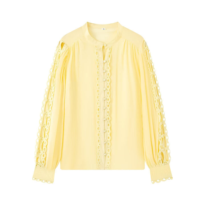 Damen Bluse mit Spitzen‑Cutouts, feiner Knopfleiste und Ballonärmeln Echoarchiv