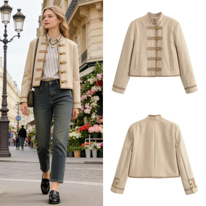 Damen Kurze Militärinspirierte Jacke mit Stehkragen und Zierknebelverschluss Echo Archiv