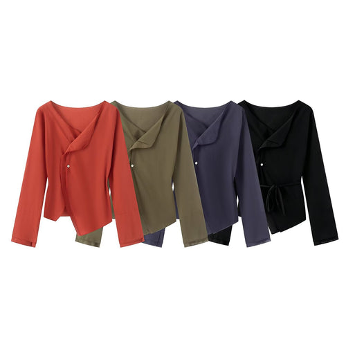 Damen Wickelbluse mit asymmetrischer Vorderseite, V‑Ausschnitt und Bindegürtel Echo Archiv