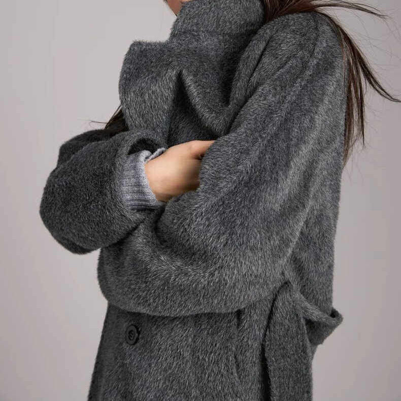 Damen Modischer und eleganter Bouclé-Mantel mit doppelter Knopfleiste Echoarchiv