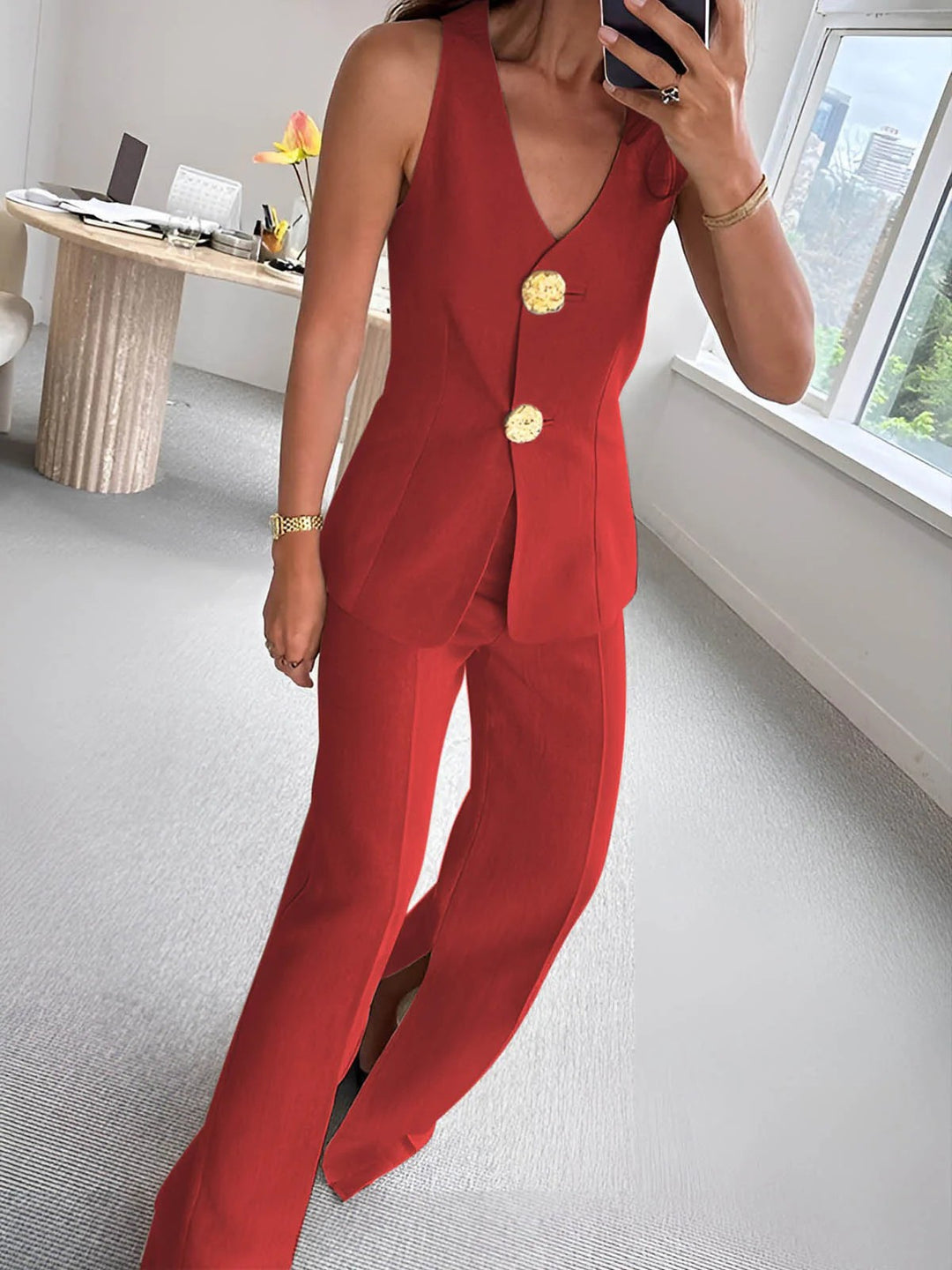 Damen elegantes Jumpsuit mit vordere Knopfleiste und weitem Bein Echo Archiv