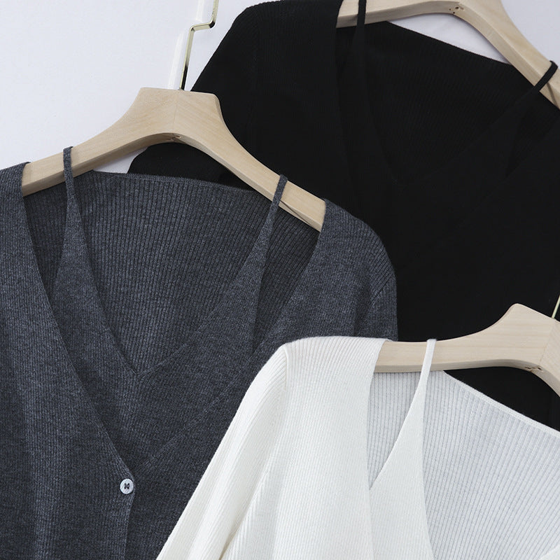 Damen feiner Rippstrick-Cardigan mit integriertem Spaghettitop und tiefem V-Ausschnitt Echo Archiv