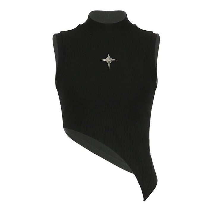 Damen modernes asymmetrisches Oberteil mit elegantem Stehkragen und metallischen Akzenten Echo Archiv