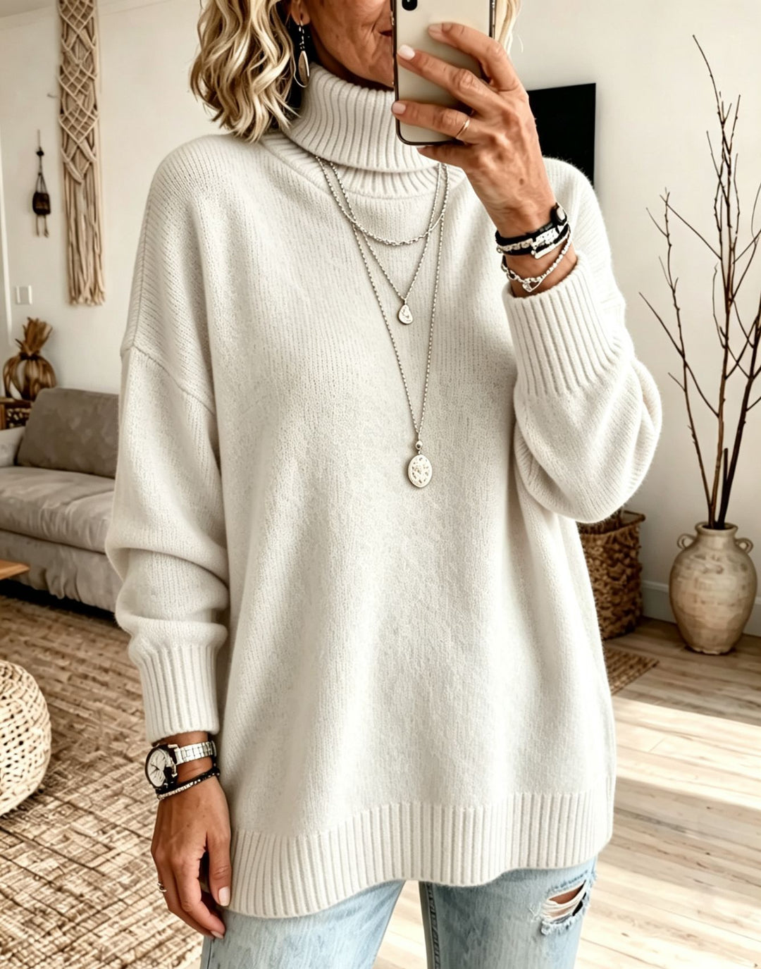 Damen Oversize Rollkragenpullover aus Feinstrick mit gerippten Bündchen und überschnittener Schulter – Mavelle