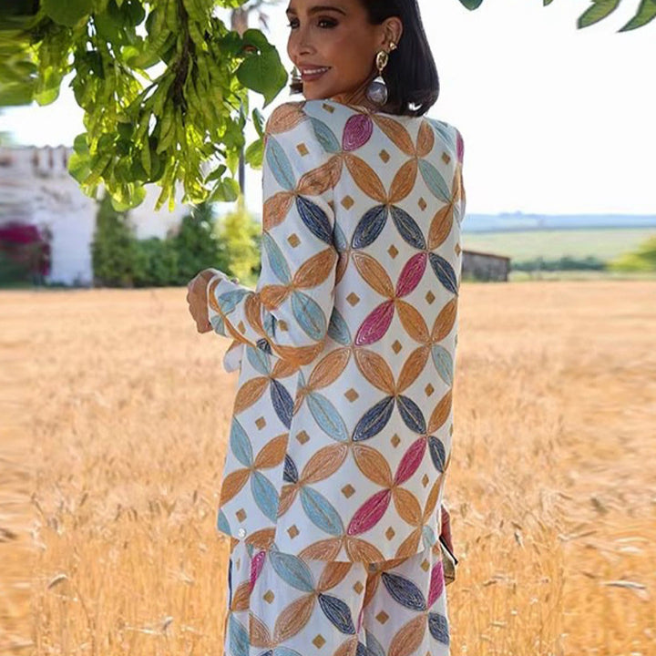 Damen Zweiteiliger Jacquard-Anzug mit Taillenschleife und weitem Bein Echoarchiv