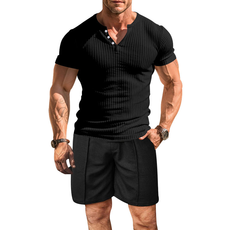 Herren strukturiertes Kurzarm-Henley-Shirt mit atmungsaktivem Design und bequemen Shorts Echoarchiv