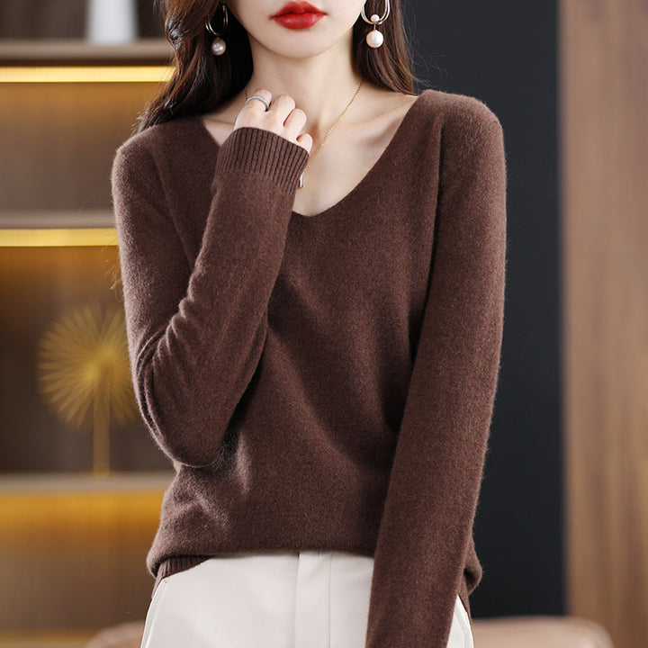 Damen V-Ausschnitt Pullover in Kaschmir-Optik mit legerem Schnitt und Rippbündchen Echoarchiv