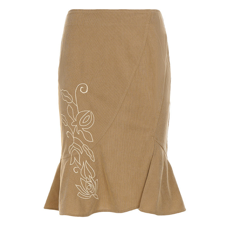 Damen ausgestellter Midirock mit seitlicher Blumenstickerei und Volant Echo Archiv