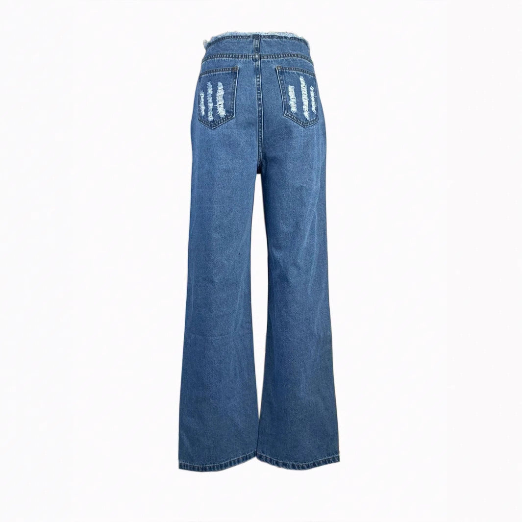 Damen hochgeschnittene weite Jeanshose aus Denim mit stark zerstörter Front und rohem Bund Echo Archiv