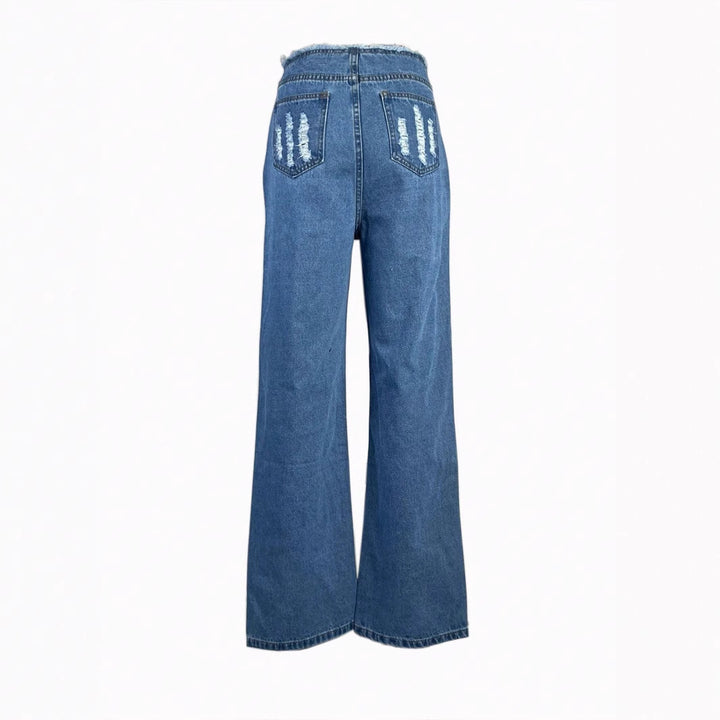Damen hochgeschnittene weite Jeanshose aus Denim mit stark zerstörter Front und rohem Bund Echo Archiv