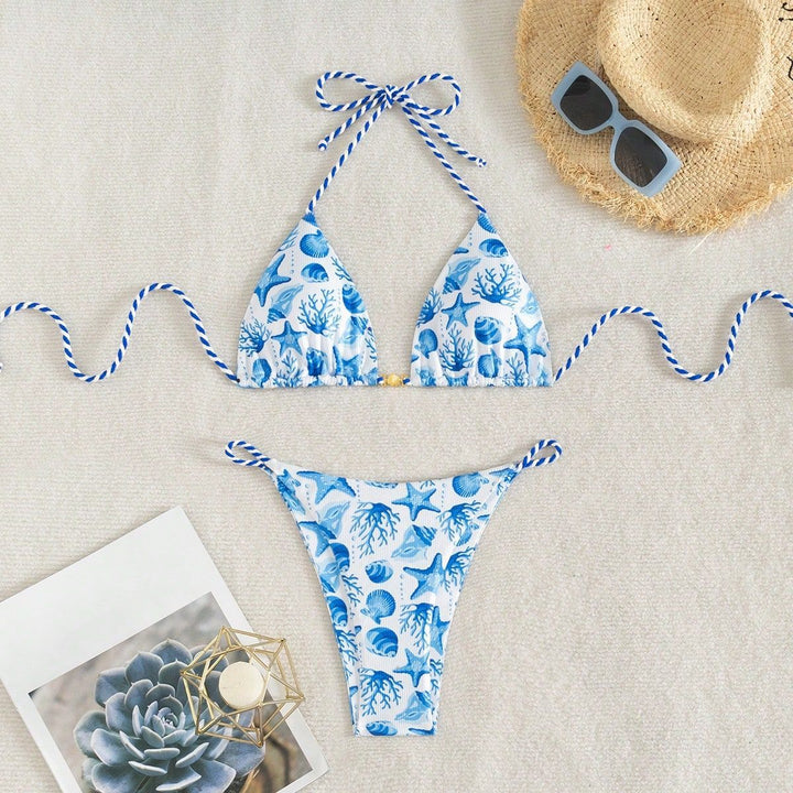 Damen Triangel-Bikini mit maritimen Motiven und verspielten Kordelbindungen Echo Archiv