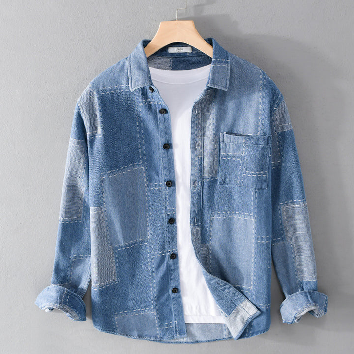 Herren Patchwork-Hemdjacke aus strukturiertem Denim mit sichtbarer Naht und Brusttasche Echoarchiv