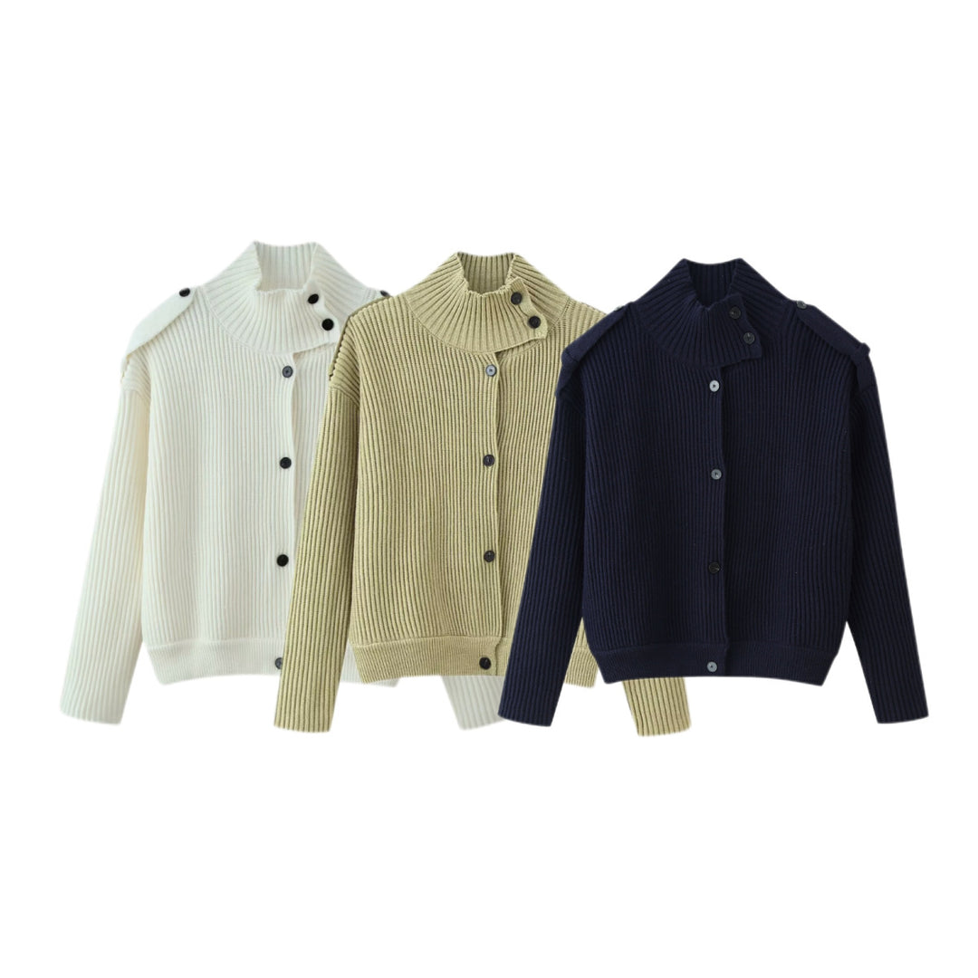 Damen Strukturstrick-Cardigan mit Stehkragen, Knopfleiste und Schulterpatten Echo Archiv
