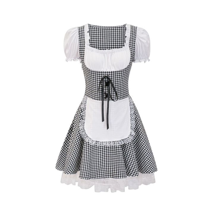 Damen nan Trachtenkleid im Vichy-Stil mit Puffärmeln, Schnürkorsett und Spitzenschürze Echo Archiv