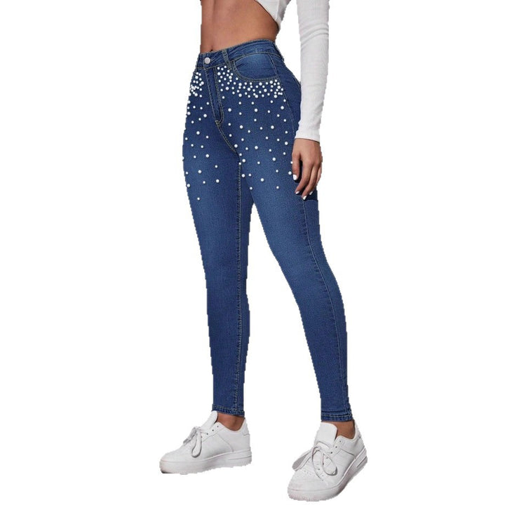 Damen Taillenhohe figurformende Skinny-Jeans mit Perlenbesatz Echo Archiv