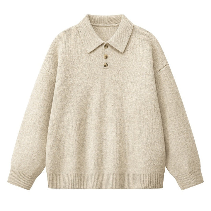 Damen Oversize Polokragen-Strickpullover mit Knopfleiste und geripptem Saum Echoarchiv