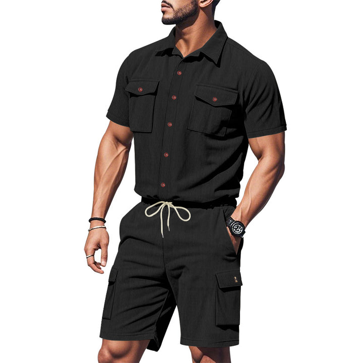 Herren modisches Kurzarm-Hemden- und Cargo-Shorts-Set mit praktischen Taschen und elastischem Bund Echoarchiv