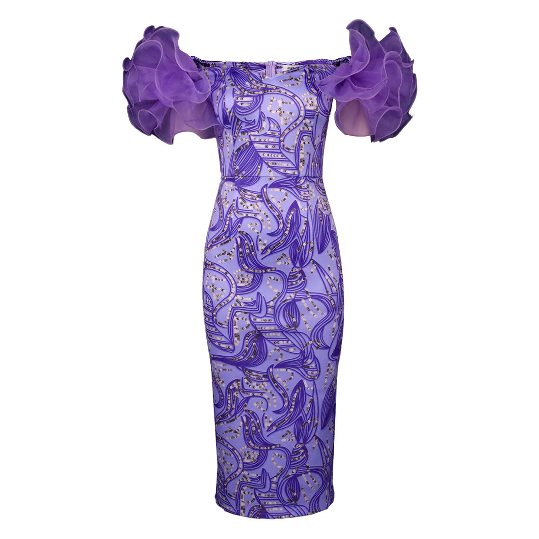 Damen Elegantes Midi-Kleid mit innovativen Puffärmeln und kunstvollem Druck – Élara