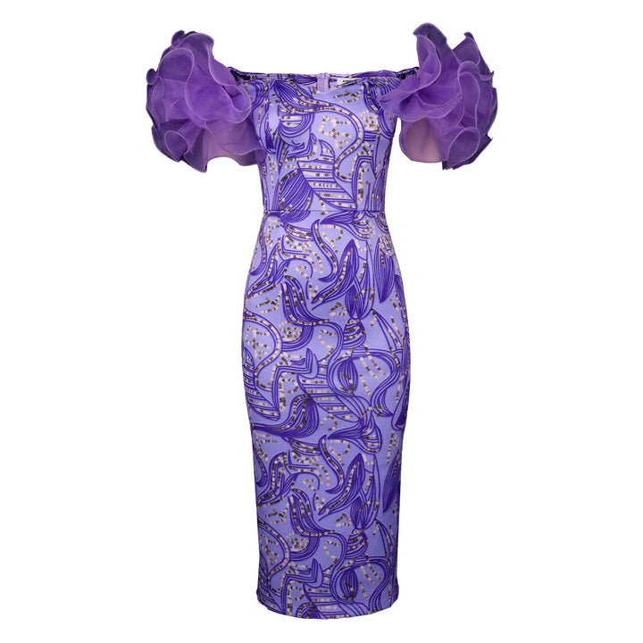Damen Elegantes Midi-Kleid mit innovativen Puffärmeln und kunstvollem Druck Echo Archiv