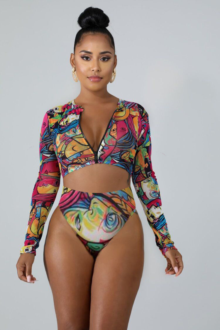 Damen Surf-Bikini-Set mit langärmeligem Oberteil und modischem Reißverschluss Echo Archiv
